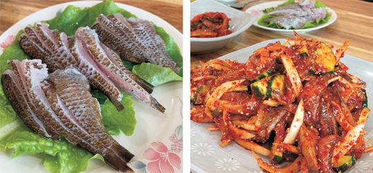 포를 뜨듯 썰어낸 모슬포항 ‘돈지식당’의 자리회(왼쪽)와 두껍게 회를 썰어 무친 자리회무침.