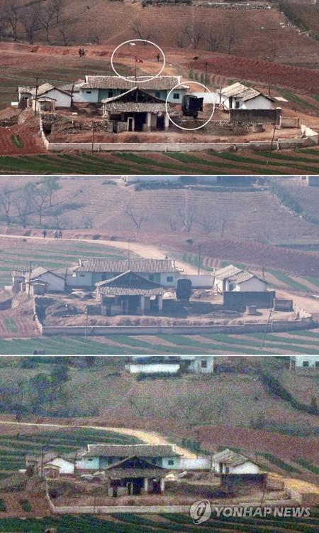 (파주=연합뉴스) 한상균 임병식 기자 = 남북이 군사분계선(MDL) 일대에서 확성기 방송시설 철거작업을 시작한 2018년 5월 1일 오후 파주 오두산 통일전망대에서 바라본 북한 황해북도 개풍군 탈곡장 모습(아래쪽). 인공기와 방송차량 스피커가 보이지 않는다.위부터 지난달 15일, 25일 모습. 25일에는 인공기가 내려가고 방송차량 스피커가 닫혀 있다. 2018.5.1