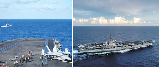 22일(현지시간) 한반도와 남중국해 등을 관할하는 작전 구역으로 진입한 미국 항공모함 시어도어 루스벨트호(CVN-71)에서 미국의 최신예전투기 F-18 슈퍼호넷이 이륙하고 있다(왼쪽사진). 또 다른 미 항공모함 니미츠호가 필리핀해를 지나며 작전을 수행하고  있다(오른쪽 사진). 미해군 제공