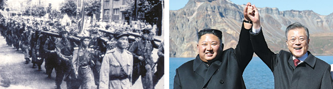 6·25전쟁 이후 남북관계는 적과 동반자의 이중적 나선 구조를 경험하고 있다. 왼쪽 사진은 1950년 남침한 북한 인민군이 서울을 점령해 행군하는 모습. 오른쪽은 문재인 대통령과 김정은 북한 국무위원장이 지난 2018년 9월 20일 백두산 장군봉에 함께 올라 손을 맞잡아 들며 웃고 있는 장면.