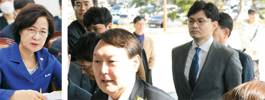 ‘검언유착’ 사건과 관련해 법무부에 의해 직무배제가 전격 결정된 한동훈(오른쪽 사진 오른쪽) 부산고검 차장 검사가 지난 2월 13일 일선 검사들과 간담회를 하기 위해 부산을 방문한 윤석열 검찰총장을 수행하고 있다. 왼쪽 사진은 지난 18일 국회 법제사법위원회에 출석해 검찰 지휘 감독 강화 필요성을 역설하는 추미애 법무부 장관의 모습.  뉴시스