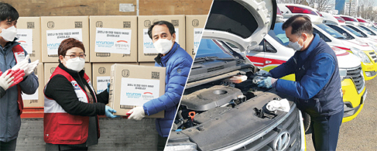 현대자동차그룹은 신종 코로나바이러스 감염증(코로나19)에 맞서 사투를 벌인 대구·경북지역 의료진을 위해 건강보조식품을 제공(왼쪽 사진)하고, 전국 소방본부 구급차 무상 점검 및 소모품 교환 서비스를 시행하는 등 코로나19 극복에 앞장서 왔다.  현대차그룹 제공