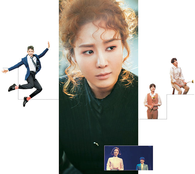 큰 사진부터 시계 방향으로 뮤지컬 ‘마리 퀴리’의 옥주현, ‘베르테르’의 유연석·규현, ‘어쩌면 해피엔딩’의 한 장면, ‘제이미’의 조권.  라이브·CJ ENM·쇼노트 제공
