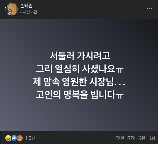 박원순 시장 추모하는 손혜원 전 의원 [손혜원 전 의원 페이스북 캡처. 판매 및 DB 금지]