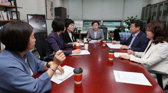 14일 오전 국회 여성가족위원회 소속 미래통합당 의원들이 김정재(오른쪽 세 번째) 의원실에 모여 박원순 전 서울시장 성추행 의혹 진상규명을 위한 간담회를 열고 있다. 김선규 기자