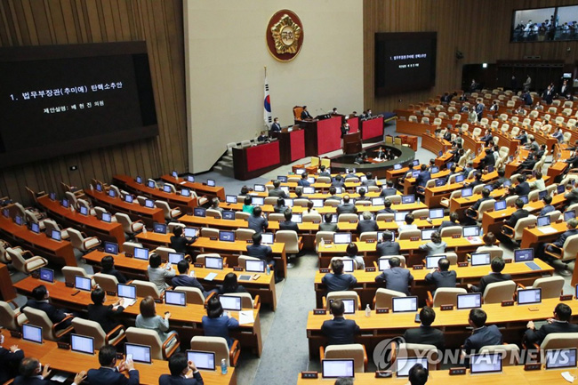 (서울=연합뉴스) 23일 국회 본회의에서 추미애 법무부 장관 탄핵소추안이 상정되고 있다.