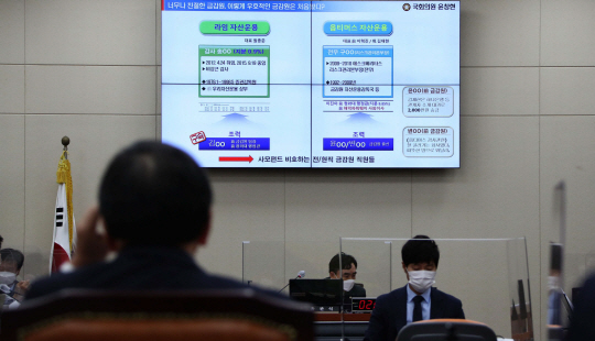 13일 국회에서 열린 정무위원회 금융감독원 국정감사에서 라임·옵티머스 사태에 전·현직 금감원 직원들이 연루돼 있다는 의혹을 제기하는 관련 자료가 대형 화면에 띄워져 있다.  국회사진기자단