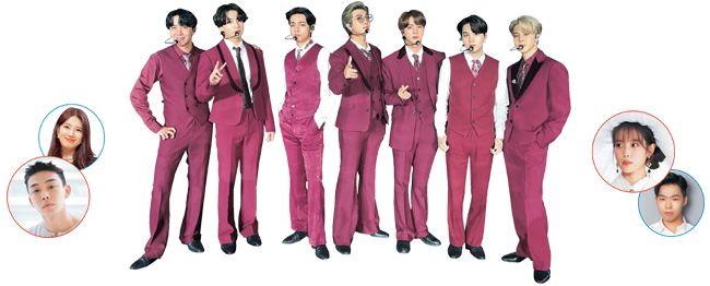왼쪽부터 시계방향으로 유아인, 배수지, 방탄소년단, 아이유, 이찬혁.