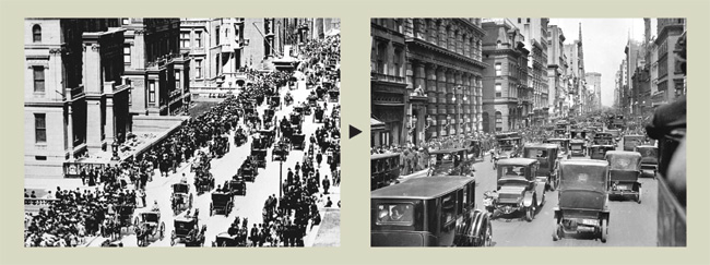 1900년(왼쪽 사진)과 1913년 미국 뉴욕 맨해튼 5번가의 풍경. 자동차가 널리 보급되기 전인 1900년에는 말이 끄는 마차가 도로를 채운 것과 달리 1913년에는 자동차가 그 자리를 대신하고 있다. 불과 13년 시차의 급격한 풍경 변화는 신기술이 얼마나 빠르고 광범위하게 세상을 바꾸는지 극명하게 보여준다. 이 기간 마부는 마차와 함께 역사의 뒤안길로 물러난 반면, 자동차 제조업과 운수·유통업 등에서 전에 없던 새로운 일자리가  대거 만들어졌다.