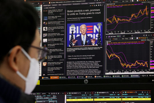 조 바이든 미국 대통령당선인 확정 이후 처음 열린 주식시장에서 코스피가 상승 출발한 9일 오전 서울 중구 하나은행 딜링룸 딜러 모니터에 관련 뉴스가 띄워져 있다.  연합뉴스