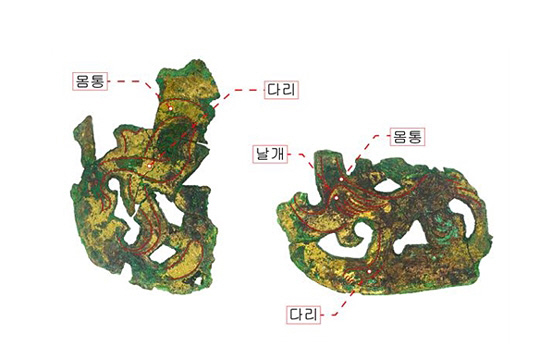 경주 목곽묘에서 출토된 용 모양의 허리띠장식. 몸통과 다리, 날개 부분의 문양이 남아 있다.  문화재청 제공