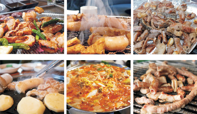 꿀양집, 청춘구락부, 장호왕곱창(위 왼쪽부터), 부일양곱창, 한성식당, 평양집(아래 왼쪽부터)