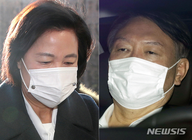 [과천·서울=뉴시스]추미애(왼쪽) 법무부 장관과 윤석열 검찰총장이 16일 정부과천청사 법무부, 대검찰청으로 각각 출근하고 있다. 2020.12.16.