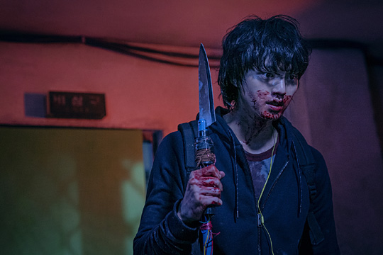 ‘스위트 홈’의 크리처와 캐릭터들. 위부터 날카로운 다리가 있는 거미 괴물, 커다란 눈동자가 으스스한 눈동자 괴물, 괴물과 용감하게 맞서 싸우는 여자소방관 역의 이시영, 그리고 괴물화를 억누르며 인간을 돕는 현수 역의 송강.  넷플릭스 제공