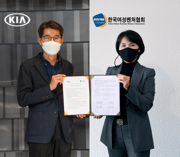 권혁호(왼쪽) 기아자동차 국내사업본부장(부사장)과 박미경 한국여성벤처협회 회장이 비대면 업무협약식을 진행하는 모습. 사진은 따로 촬영된 이후 합성. 기아차 제공