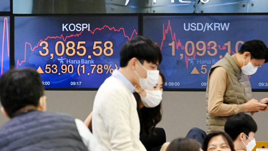 코스피지수가 종가 기준 첫 3000선을 넘은 다음 날인 8일 오전 서울 중구 하나은행 딜링룸 전광판에 나타난 지수가 순조로운 상승세를 보이고 있다.