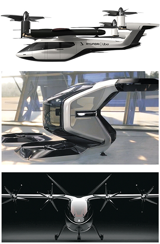 완성차 업체들이 도심항공모빌리티(UAM) 시장 진출에 나서고 있다. 현대자동차가 공개한 개인용 비행체(PAV) 콘셉트 S-A1(위의 큰 사진)과 제너럴모터스(GM)가 ‘소비자가전쇼(CES) 2021’에서 공개한 수직이착륙무인기(VTOL) 콘셉트, 피아트크라이슬러(FCA)와 아처(Archer)가 공개한 전기 수직이착륙기(e-VTOL) 콘셉트. 각사 제공