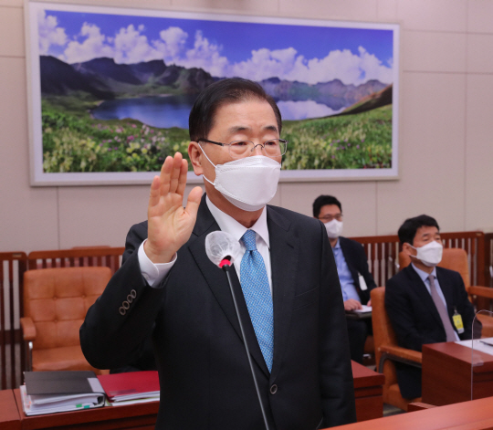 정의용 외교부 장관 후보자가 5일 국회 외교통일위원회에서 열린 인사청문회에서 선서하고 있다.  국회사진기자단