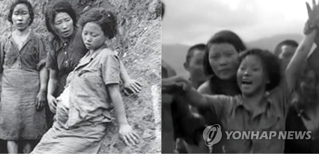 태평양 전쟁이 한창이던 1944년 9월, 중국 윈난성 쑹산에서 일본군 위안부가 미·중 연합군에 의해 구출되는 영상을 KBS가 발굴해 보도했다. ‘만삭의 위안부’로 잘 알려진 고(故) 박영심 할머니(왼쪽사진). 오른쪽 사진은 KBS가 공개한 연합군에 구조된 후 만세를 부르는 박 할머니의 영상 캡처. [연합뉴스 자료사진, KBS제공. 재판매 및 DB금지]