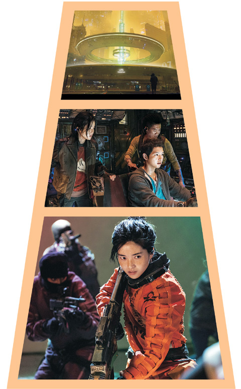 한국형 SF 영화 ‘승리호’의 결정적 장면들. 송중기, 김태리, 진선규, 유해진 등 주역들이 우주 공간에서 다이내믹한 활극을 벌인다.