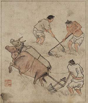 김홍도, 논갈이, 27.8×23.8㎝, 조선시대.