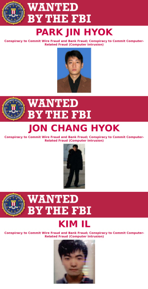 미국 법무부가 지난해 12월 전 세계 은행·기업에서 13억 달러 이상의 현금 및 암호화폐를 빼돌린 혐의로 북한 정찰총국 해커 3명을 기소했다고 17일 밝힌 가운데, 해커 3명(위에서부터 박진혁·전창혁·김일)의 이름과 사진이 미 연방수사국(FBI) 현상수배범 목록에 올라와 있다. 미 법무부 제공