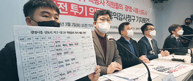 참여연대와 민주사회를위한변호사모임(민변) 회원들이 2일 오전 서울 종로구 통인동 참여연대에서 기자회견을 갖고 “LH 직원들이 지난 2018∼2020년 사이 과림동 등 10개 필지, 2만3028㎡(약 7000평)의 토지를 약 100억 원 상당에 투기성으로 매입했다”고 폭로하고 있다. 김호웅 기자 diverkim@munhwa.com