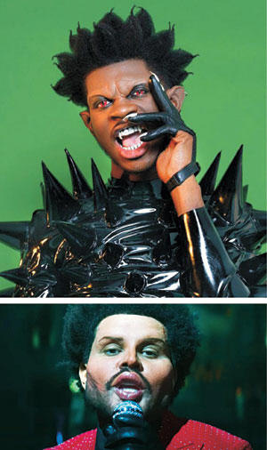 래퍼 릴 나스 엑스(위쪽 사진)가 뱀파이어로 특수분장하고 포즈를 취하고 있다. 아래 사진은 가수 더 위켄드가 부자연스러운 성형수술을 한 것 같은 분장을 한 채 노래를 부르는 모습.  릴 나스 엑스 페이스북, 더 위켄드 뮤직비디오 캡처
