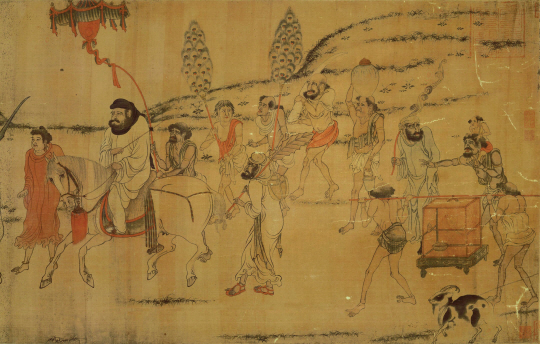 당나라 초기의 화가 염입본(閻立本)이 그린 ‘직공도(職貢圖)’. 외국 사신들이 조공물을 들여오는 풍경이다. 당나라 사람들은 화려한 이국의 호기심을 가져오는 외국 사절을 환영했고, 그런 취향은 황실과 귀족들뿐만 아니라 모든 사회 계층과 일상생활의 많은 부분에 스며들었다.  글항아리 제공