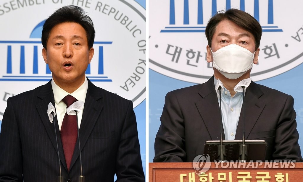 (서울=연합뉴스) 국민의힘 오세훈 서울시장 후보와 국민의당 안철수 서울시장 후보가 19일 국회 소통관에서 각각 단일화에 대한 입장을 밝히는 기자회견을 하고 있다. 2021.3.19