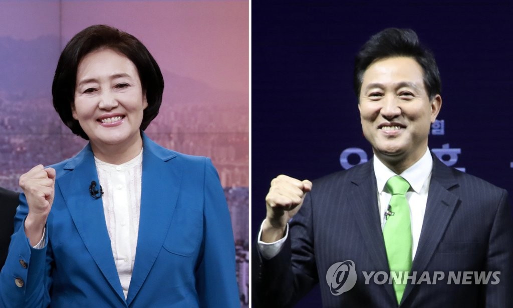 (서울=연합뉴스) 4ㆍ7 서울시장 보궐선거에서 여권 단일후보로 나선 더불어민주당 박영선 전 중소벤처기업부 장관(왼쪽)과 야권 단일 후보로 나선 국민의힘 오세훈 전 서울시장이 맞붙게 됐다. 2021.3.23 [국회사진기자단]