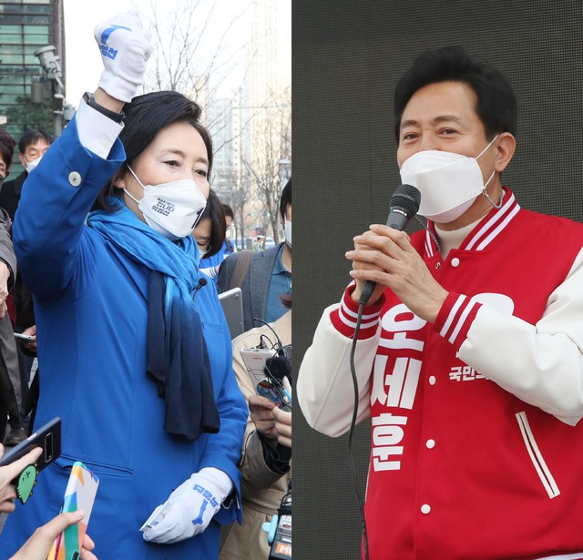 [서울=뉴시스]서울시장 재보궐선거에 출마한 박영선(왼쪽) 더불어민주당 후보와 오세훈 국민의힘 후보가 25일 오전 구로역과 응암역에서 각각 선거 유세를 하며 지지를 호소하고 있다. 2021.03.25.