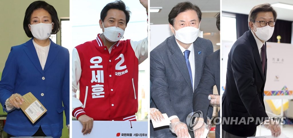 4·7 재·보궐선거 사전투표 첫날인 2일 오전 서울시장 후보로 나선 더불어민주당 박영선 후보(왼쪽)가 종로구청 투표소에서 투표하고 있고 국민의힘 오세훈 후보(왼쪽 두 번째)는 세종대로 사거리에서 출근길 선거유세를 하고 있다. 부산시장 후보로 나선 더불어민주당 김영춘 후보(왼쪽 세 번째)는 부산진구노인장애복지관에서 투표를 했고 국민의힘 박형준 후보는 부산 해운대구청에서 투표했다. 2021.4.2 [연합뉴스.국회사진기자단]
