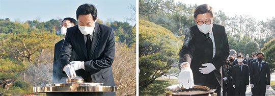 4·7 보궐선거에서 당선된 오세훈(왼쪽 사진) 서울시장과 박형준 부산시장이 8일 오전 서울 동작구 국립서울현충원과 부산 동래구 충렬사를 각각 방문해 참배하고 있다. 국회사진기자단 연합뉴스