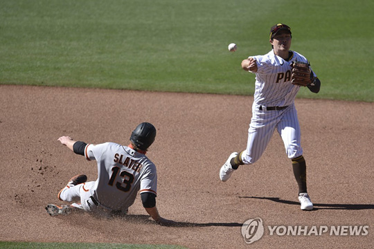 (샌디에이고 AP=연합뉴스) 샌디에이고 파드리스 유격수 김하성(오른쪽)이 8일(한국시간) 미국 캘리포니아주 샌디에이고 펫코파크에서 열린 2021 미국프로야구 메이저리그 샌프란시스코 자이언츠와의 홈경기에 선발 출전해 1회 더블플레이를 합작하고 있다.