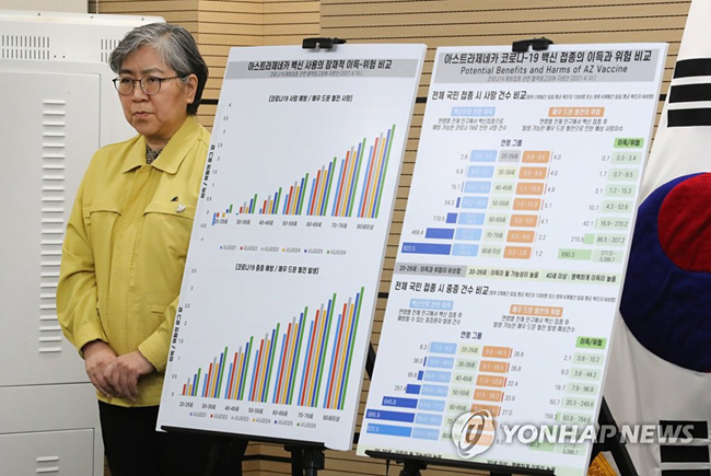 (청주=연합뉴스) 김주형 기자 = 코로나19 예방접종 대응 추진단장을 맡은 정은경 질병관리청장(중앙방역대책본부장)이 11일 오후 충북 청주시 질병관리본부에서 열린 신종 코로나바이러스 감염증(코로나19) 대응 정례 브리핑에서 아스트라제네카 백신 사용의 잠재적 이득과 위험 비교 등을 설명을 마친 뒤 최은화 예방접종전문위원회 위원장(서울대 의대 소아청소년과)의 부연설명을 경청하고 있다. 2021.4.11