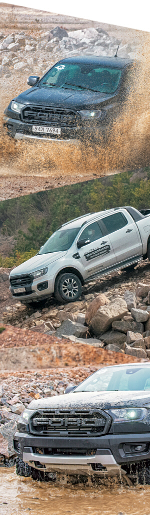 ‘뉴 포드 레인저’의 2가지 모델 ‘와일드 트랙(위쪽 큰 사진 및 왼쪽 가운데 사진)’과 ‘랩터(왼쪽 위 및 아래 사진)’는 바윗길과 물웅덩이 등 가혹한 오프로드 환경에서도 우수한 주행 성능을 보였다.  포드세일즈서비스코리아 제공