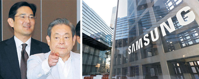 삼성 일가가 28일 고 이건희 삼성전자 회장의 계열사 보유 지분을 제외한 유산 처리 방안을 발표한 가운데, 이재용 삼성전자 부회장의 핵심 계열사 지분율 변화에 관심이 쏠리고 있다. 왼쪽 사진은 지난 2011년 이 회장이 서울 서초구 삼성전자 서초사옥(오른쪽 사진)에 이 부회장과 처음 출근해 사내 어린이집 등을 둘러보는 모습.  연합뉴스 뉴시스