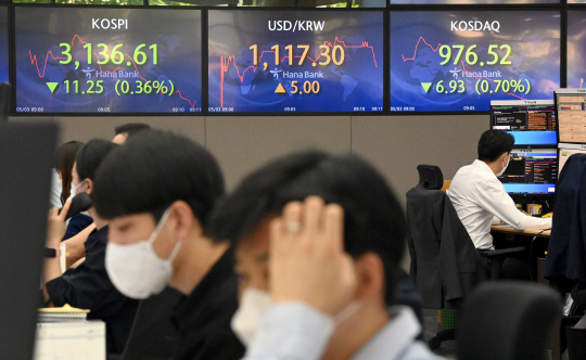 코스피200과 코스닥150 주가지수 구성 종목에 대한 공매도가 1년 2개월 만에 재개된 3일 오전 서울 중구 하나은행 본점 딜링룸에서 직원들이 주가와 환율변동 상황을 살펴보고 있다.  신창섭 기자