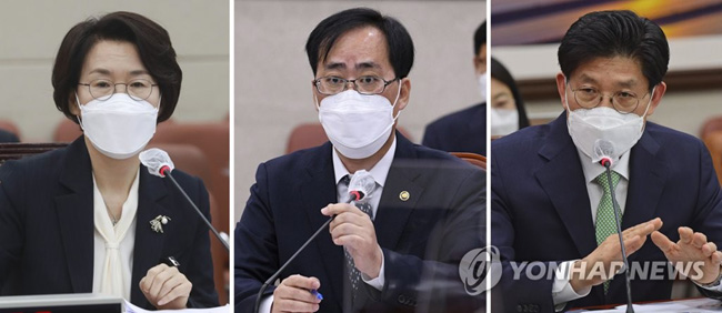 임혜숙 과학기술정보통신부(왼쪽부터), 박준영 해양수산부, 노형욱 국토교통부 장관 후보자가 지난 4일 각각 국회 과학기술정보방송통신위원회, 농림축산식품해양수산위원회, 국토교통위원회 인사청문회에서 답변하는 모습. [연합뉴스 자료사진]