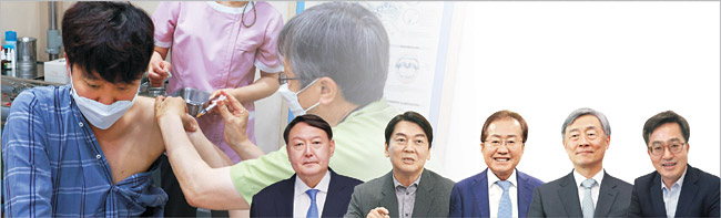 이준석 국민의힘 대표가 15일 서울의 한 병원에서 코로나19 얀센 백신을 접종하고 있다. 왼쪽부터 이 대표, 국민의힘 당 밖 대권 주자군으로 거론되는 윤석열·안철수·홍준표·최재형·김동연.