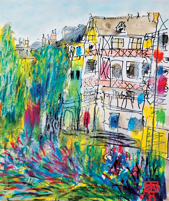 김병종, ‘아일랜드, 문학의 나라에서’, 종이에 수채물감, 크레파스와 펜, 50×54㎝, 2020.