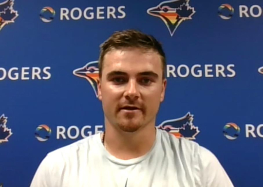 토론토 블루제이스 포수 리즈 맥과이어가 21일(한국시간) 미국 메릴랜드주 볼티모어 오리올파크 앳 캠든야즈에서 열린 미국프로야구 메이저리그(MLB) 볼티모어 오리올스와 방문경기를 마친 뒤 화상 인터뷰하고 있다. [MLB 화상인터뷰 캡처. 재배포 및 DB금지]