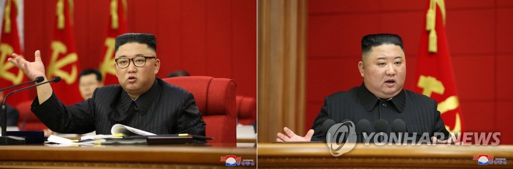 6월 15일 북한 노동당 전원회의를 주재하는 모습(좌)과 지난 3월 6일 제1차 시·군당 책임비서 강습회에서 폐강사를 하던 모습(우) 비교. 2021.6.16 [연합뉴스 자료사진]