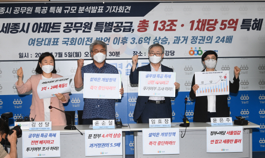 5일 오전 서울 종로구 경제정의실천시민연합(경실련) 강당에서 윤순철(왼쪽 두 번째) 경실련 사무총장이 ‘세종시 공무원 특공 특혜 규모 분석 발표 기자회견’에 앞서 구호를 외치고 있다. 김선규 기자