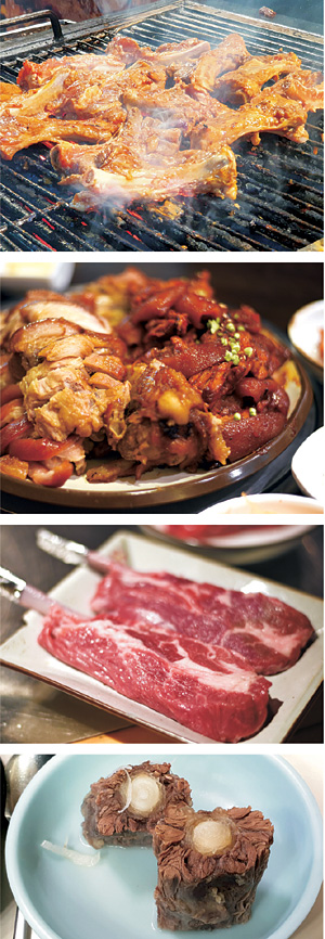 사진 위부터 서울 무교동의 등갈비 전문점 ‘장안문’의 등갈비구이, 족발 맛집 ‘미담진족’의 오향족발, 일본 삿포로의 칭기즈칸 방식으로 고기를 굽는 ‘이치류’의 양갈비, 남대문시장의 노포 ‘진주집’의 꼬리토막.