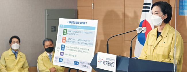 유은혜(오른쪽) 사회부총리 겸 교육부 장관이 29일 오전 서울 종로구 정부서울청사 합동브리핑실에서 조희연(왼쪽부터) 서울시교육감, 이재정 경기도교육감 등이 참석한 가운데 코로나19 학습결손 해소를 위한 ‘교육회복 종합방안’을 발표하고 있다. 곽성호 기자