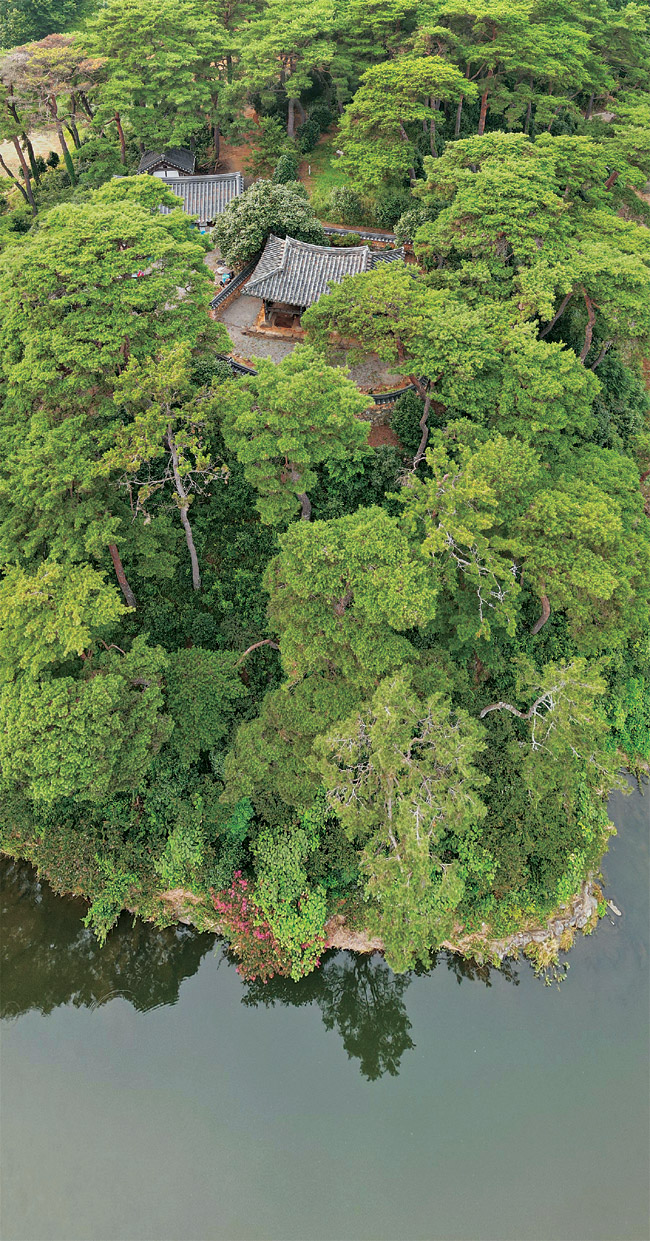 전남 장흥의 탐진강 변에는 여덟 개의 누정(樓亭·누각과 정자)이 있다. 이름하여 ‘탐진강 변 8 정자’다. 그중에서도 손꼽히는 곳이 탐진강 지류 부산천 물길을 끼고 있는 사진 속의 정자 동백정이다. 정자는 물가의 봉긋한 언덕 위 동백나무숲과 솔숲 사이에 숨은 듯 있다. 시인 묵객들이 시문을 나누는 곳이기도 했고, 마을 사람들이 정자에서 대동계 집회를 하기도 했다. 동백정처럼 장흥의 정자는 주민들이 무시로 드나들었던 공유의 공간이었다. 그건 지금도 그렇다.