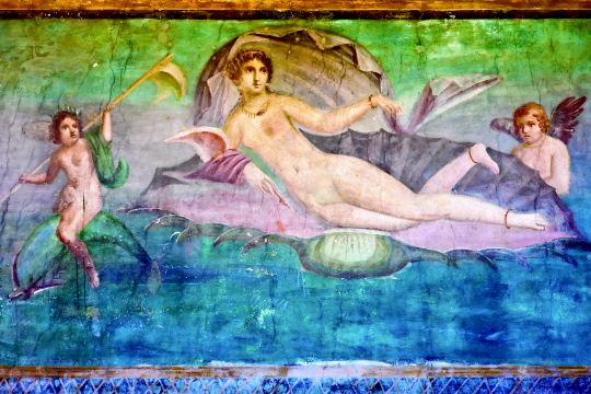 이탈리아 고대 도시 폼페이에서 발견된 벽화로 가리비 껍데기 위에 누워 있는 ‘비너스’를 묘사하고 있다. 영국 역사학자가 쓴 ‘여신의 역사’는 사람들이 여신에 열광하는 이유를 역사적 맥락에서 살펴본다.  미래의창 제공