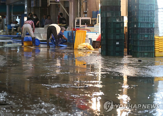 (울산=연합뉴스) 제12호 태풍 ‘오마이스’가 울산을 지나간 24일 오전 중구 태화시장이 많은 비로 침수돼 상인들이 복구 작업을 하고 있다. 2021.8.24